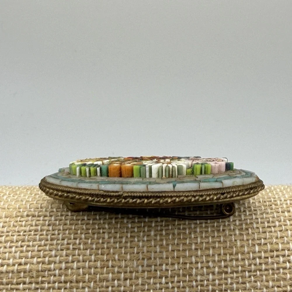 Antique Victorian Brooch Pin Micro Mosaic Inlay Glass Tile Flower Garden Italy